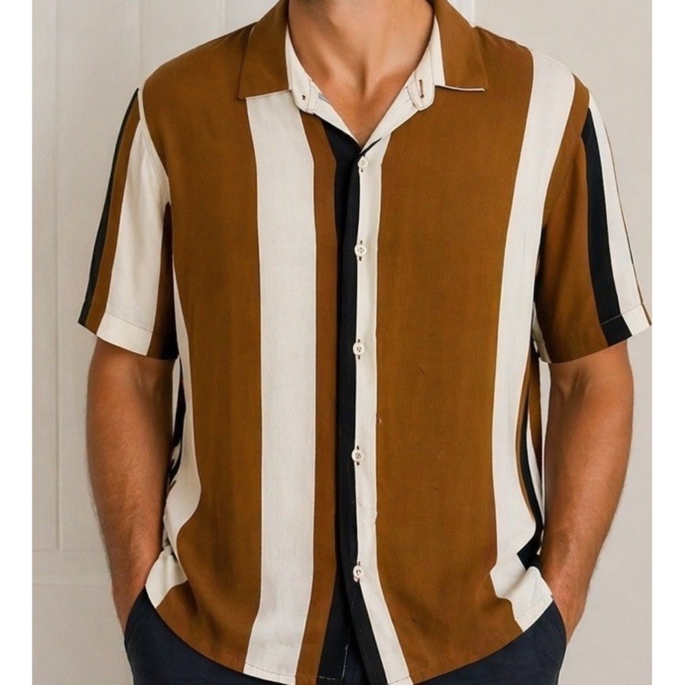 Denim&Flower Men Striped Black White Brown Slim Fit XL Ricky Singh Shirt Button